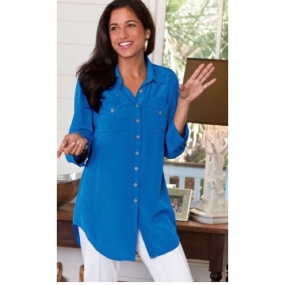 Soft Surroundings Women's XS Petite Blue 100% Silk Button-Up Shirt 3/4 Sleeve - Picture 2 of 14
